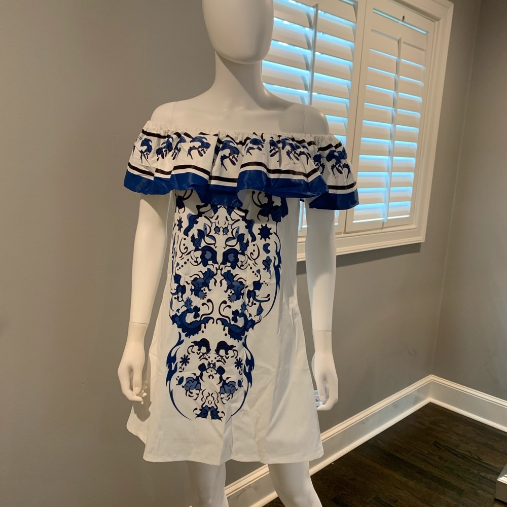 Blue and White Off-The-Shoulder Sundress